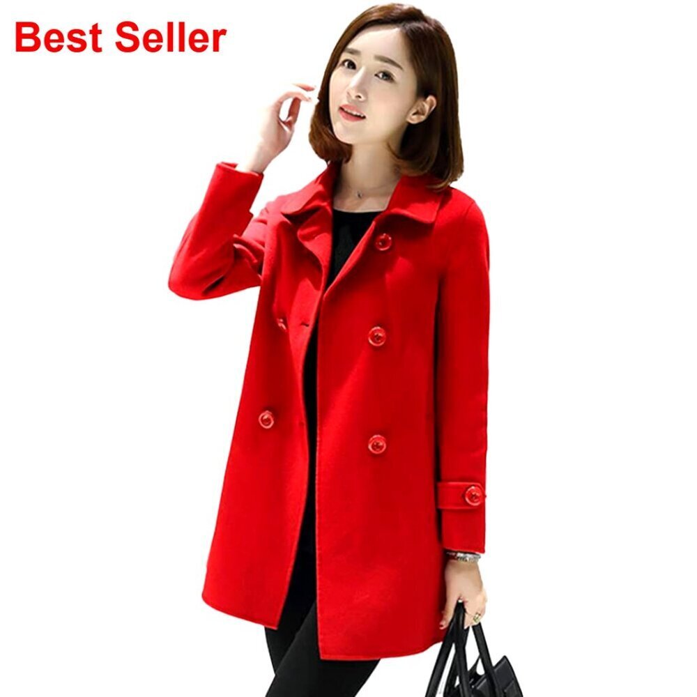 Wool Blended Pea Coat, Double Breasted Trench Coat, Long Sleeve